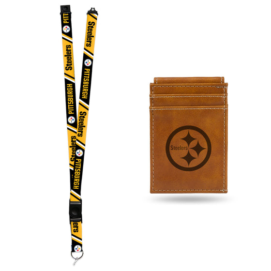 NFL Football Pittsburgh Steelers Brown Front Pocket Wallet Set - Great Men's Gift