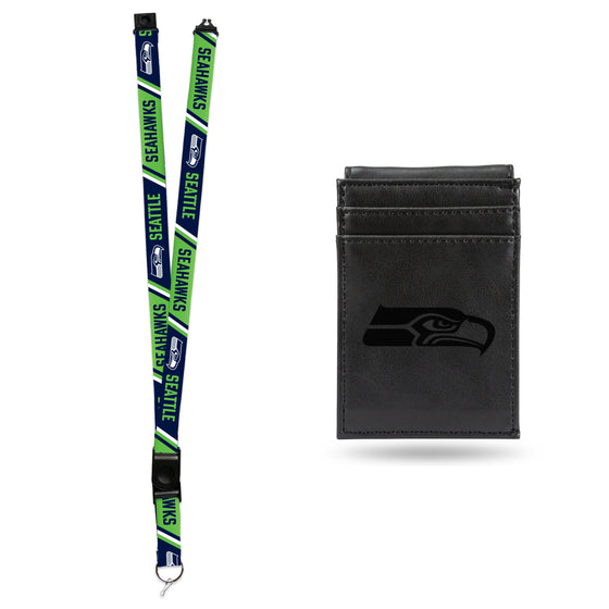 NFL Football Seattle Seahawks Black Front Pocket Wallet Set - Great Men's Gift