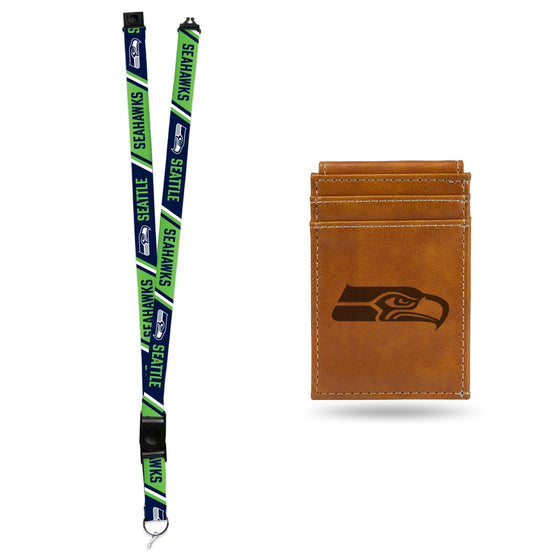 NFL Football Seattle Seahawks Brown Front Pocket Wallet Set - Great Men's Gift