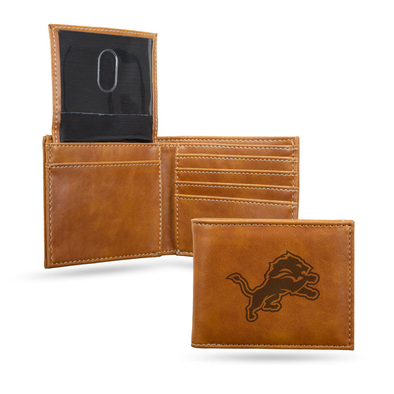 NFL Football Detroit Lions Brown Laser Engraved Bill-fold Wallet - Slim Design - Great Gift
