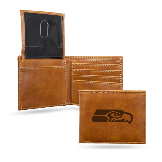 NFL Football Seattle Seahawks Brown Laser Engraved Bill-fold Wallet - Slim Design - Great Gift