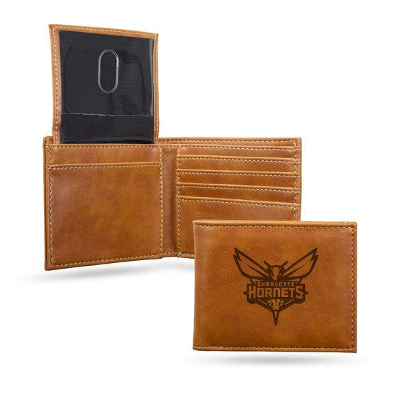 NBA Basketball Charlotte Hornets Brown Laser Engraved Bill-fold Wallet - Slim Design - Great Gift
