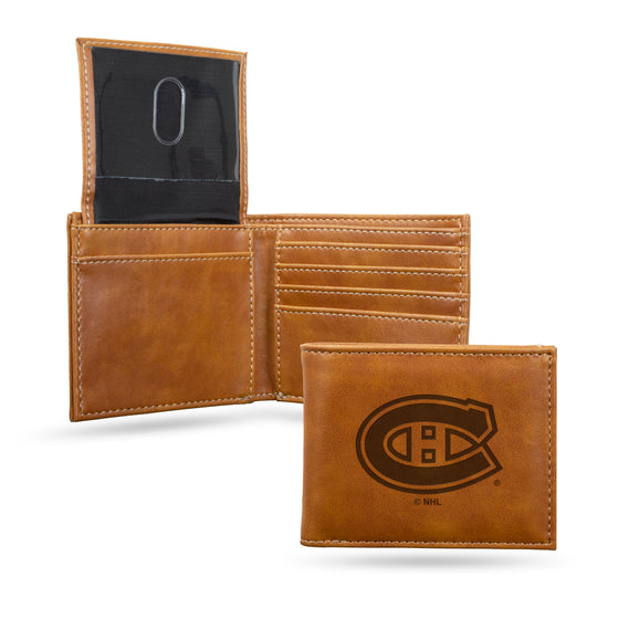 NHL Hockey Montreal Canadiens Brown Laser Engraved Bill-fold Wallet - Slim Design - Great Gift