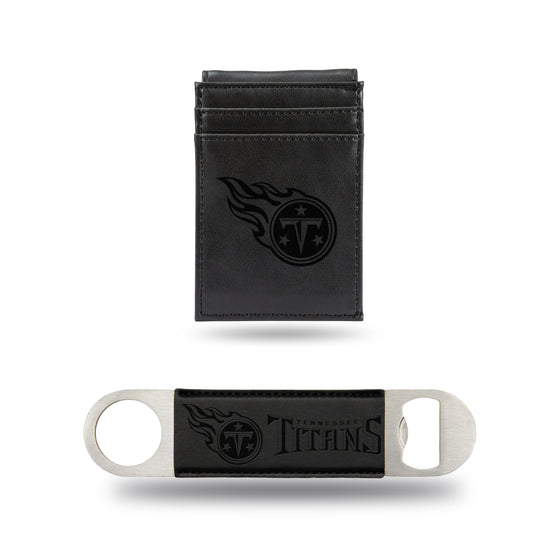 NFL Football Tennessee Titans Black Laser Engraved Front Pocket Wallet & Bar Blade - Slim/Light Weight - Great Gift Items