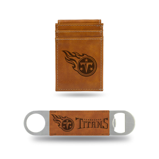NFL Football Tennessee Titans Brown Laser Engraved Front Pocket Wallet & Bar Blade - Slim/Light Weight - Great Gift Items