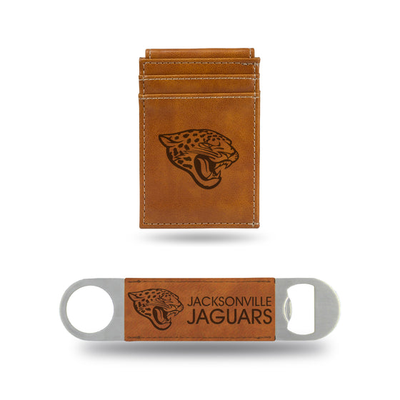 NFL Football Jacksonville Jaguars Brown Laser Engraved Front Pocket Wallet & Bar Blade - Slim/Light Weight - Great Gift Items