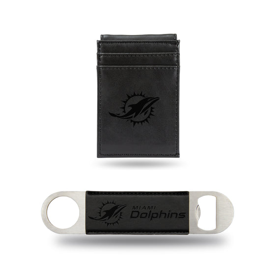 NFL Football Miami Dolphins Black Laser Engraved Front Pocket Wallet & Bar Blade - Slim/Light Weight - Great Gift Items