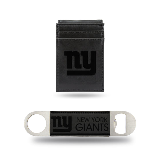 NFL Football New York Giants Black Laser Engraved Front Pocket Wallet & Bar Blade - Slim/Light Weight - Great Gift Items