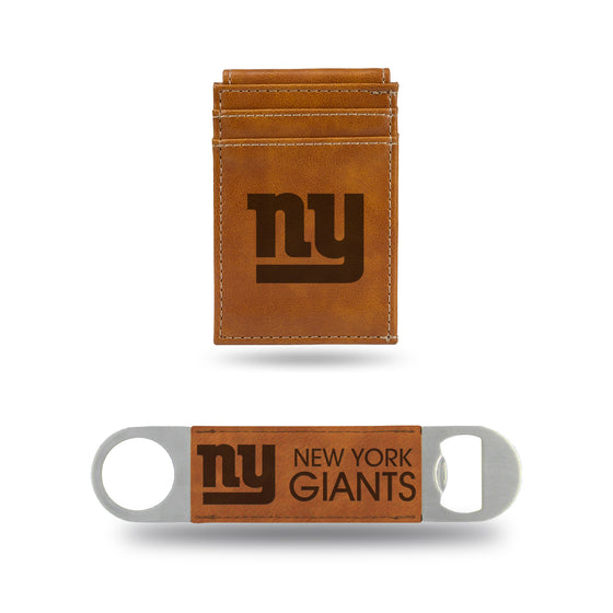 NFL Football New York Giants Brown Laser Engraved Front Pocket Wallet & Bar Blade - Slim/Light Weight - Great Gift Items
