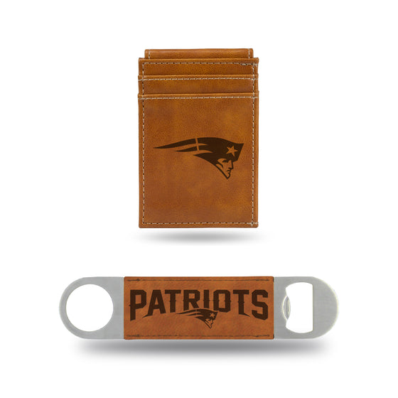 NFL Football New England Patriots Brown Laser Engraved Front Pocket Wallet & Bar Blade - Slim/Light Weight - Great Gift Items