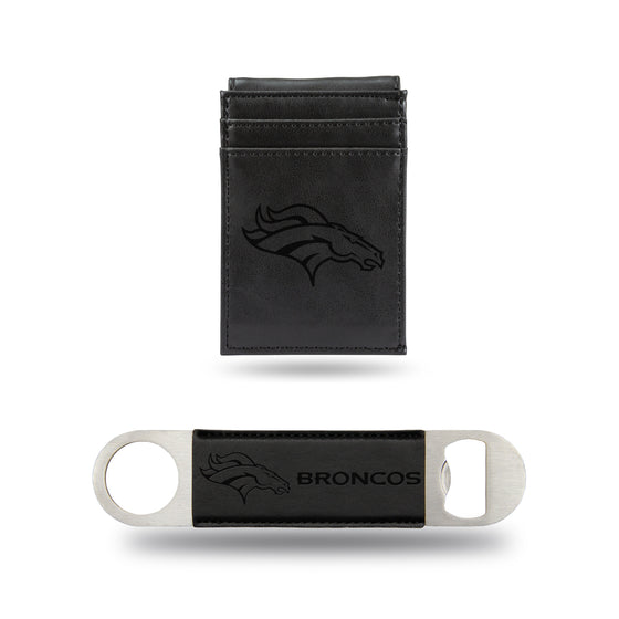 NFL Football Denver Broncos Black Laser Engraved Front Pocket Wallet & Bar Blade - Slim/Light Weight - Great Gift Items