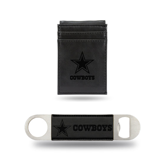 NFL Football Dallas Cowboys Black Laser Engraved Front Pocket Wallet & Bar Blade - Slim/Light Weight - Great Gift Items