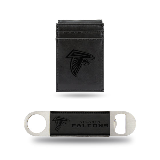 NFL Football Atlanta Falcons Black Laser Engraved Front Pocket Wallet & Bar Blade - Slim/Light Weight - Great Gift Items