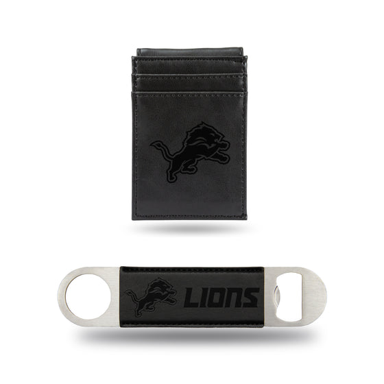 NFL Football Detroit Lions Black Laser Engraved Front Pocket Wallet & Bar Blade - Slim/Light Weight - Great Gift Items
