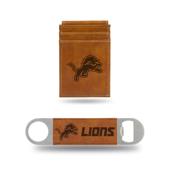NFL Football Detroit Lions Brown Laser Engraved Front Pocket Wallet & Bar Blade - Slim/Light Weight - Great Gift Items