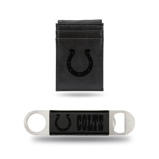 NFL Football Indianapolis Colts Black Laser Engraved Front Pocket Wallet & Bar Blade - Slim/Light Weight - Great Gift Items