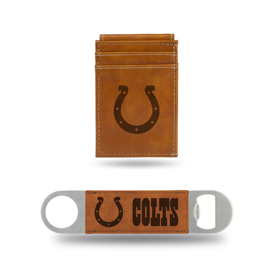 NFL Football Indianapolis Colts Brown Laser Engraved Front Pocket Wallet & Bar Blade - Slim/Light Weight - Great Gift Items