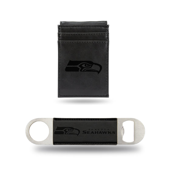 NFL Football Seattle Seahawks Black Laser Engraved Front Pocket Wallet & Bar Blade - Slim/Light Weight - Great Gift Items