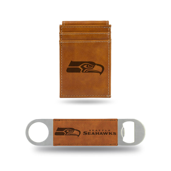 NFL Football Seattle Seahawks Brown Laser Engraved Front Pocket Wallet & Bar Blade - Slim/Light Weight - Great Gift Items