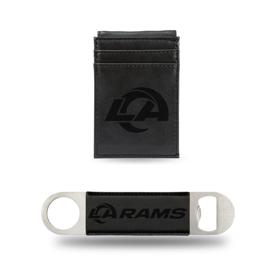 NFL Football Los Angeles Rams Black Laser Engraved Front Pocket Wallet & Bar Blade - Slim/Light Weight - Great Gift Items