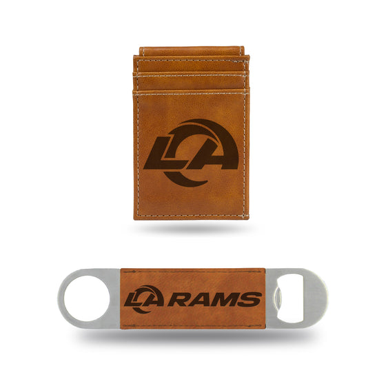 NFL Football Los Angeles Rams Brown Laser Engraved Front Pocket Wallet & Bar Blade - Slim/Light Weight - Great Gift Items