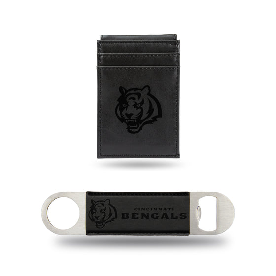 NFL Football Cincinnati Bengals Black Laser Engraved Front Pocket Wallet & Bar Blade - Slim/Light Weight - Great Gift Items