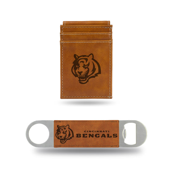 NFL Football Cincinnati Bengals Brown Laser Engraved Front Pocket Wallet & Bar Blade - Slim/Light Weight - Great Gift Items