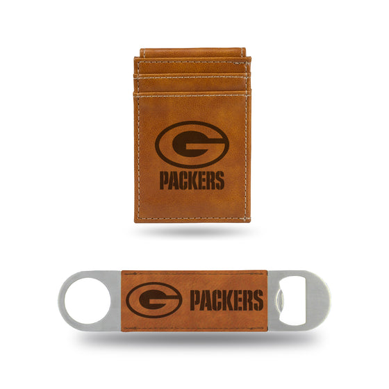 NFL Football Green Bay Packers Brown Laser Engraved Front Pocket Wallet & Bar Blade - Slim/Light Weight - Great Gift Items