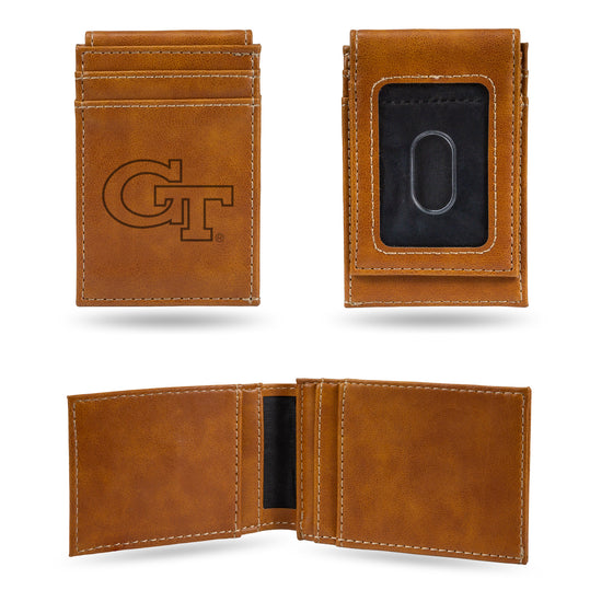 NCAA  Georgia Tech Yellow Jackets Brown Laser Engraved Front Pocket Wallet - Compact/Comfortable/Slim