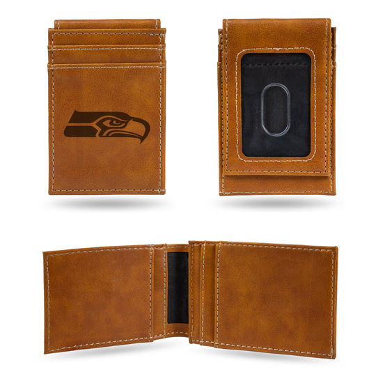 NFL Football Seattle Seahawks Brown Laser Engraved Front Pocket Wallet - Compact/Comfortable/Slim