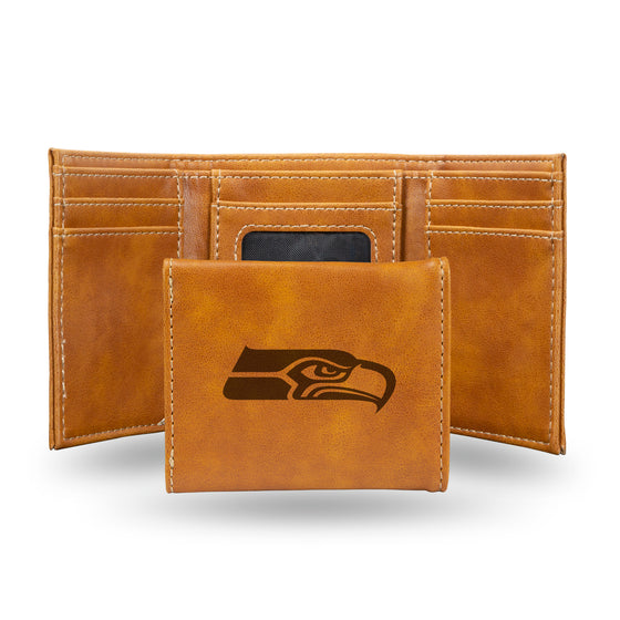 NFL Football Seattle Seahawks Brown Laser Engraved Tri-Fold Wallet - Men's Accessory
