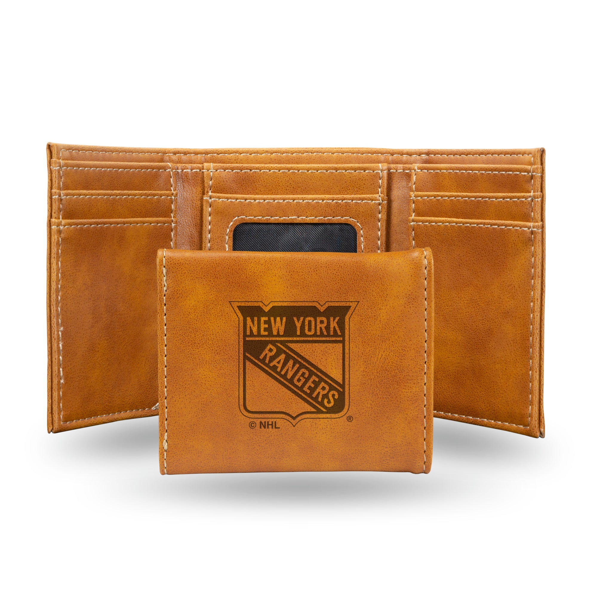 NHL Hockey New York Rangers Brown Laser Engraved Tri-Fold Wallet - Men's Accessory