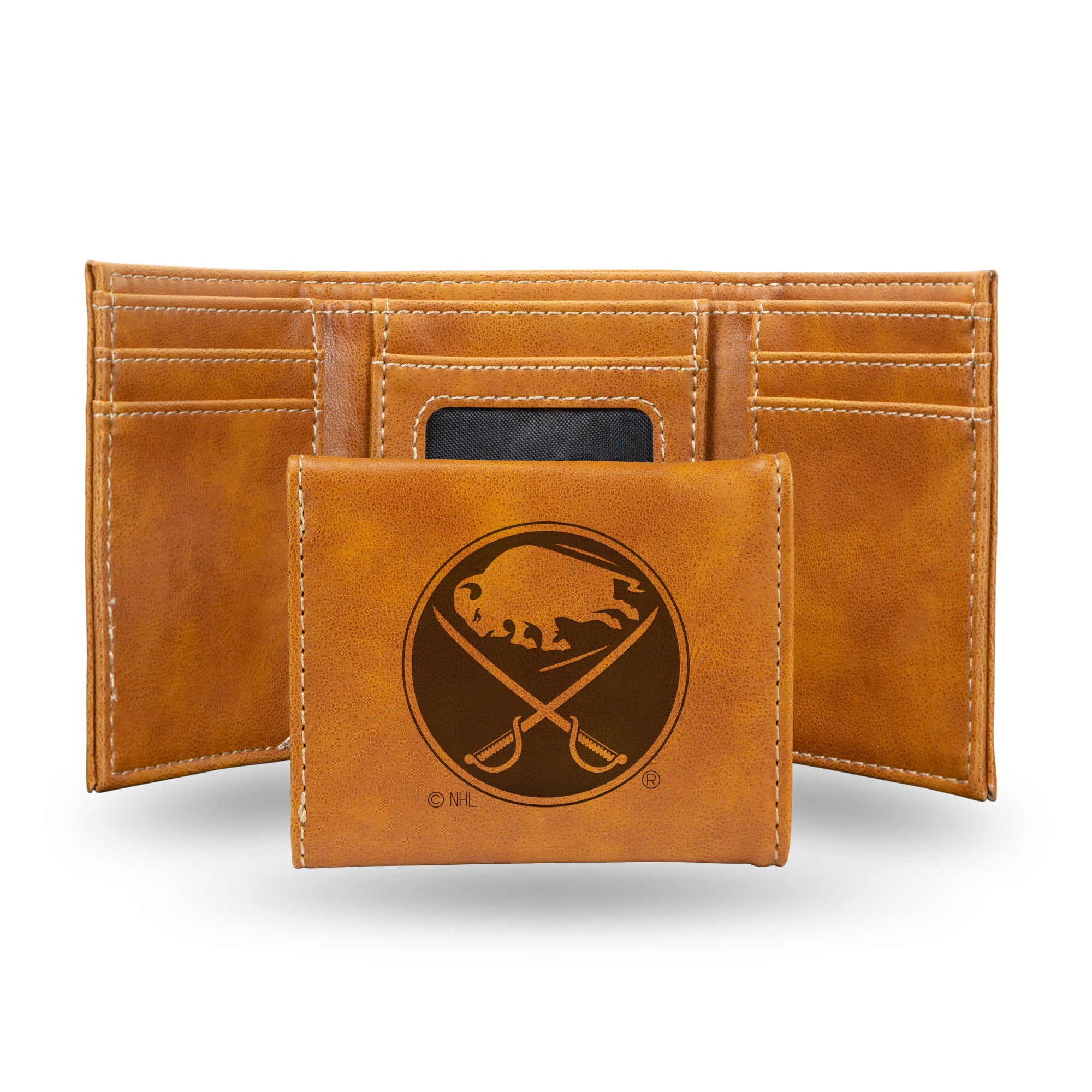 NHL Hockey Buffalo Sabres Brown Laser Engraved Tri-Fold Wallet - Men's Accessory