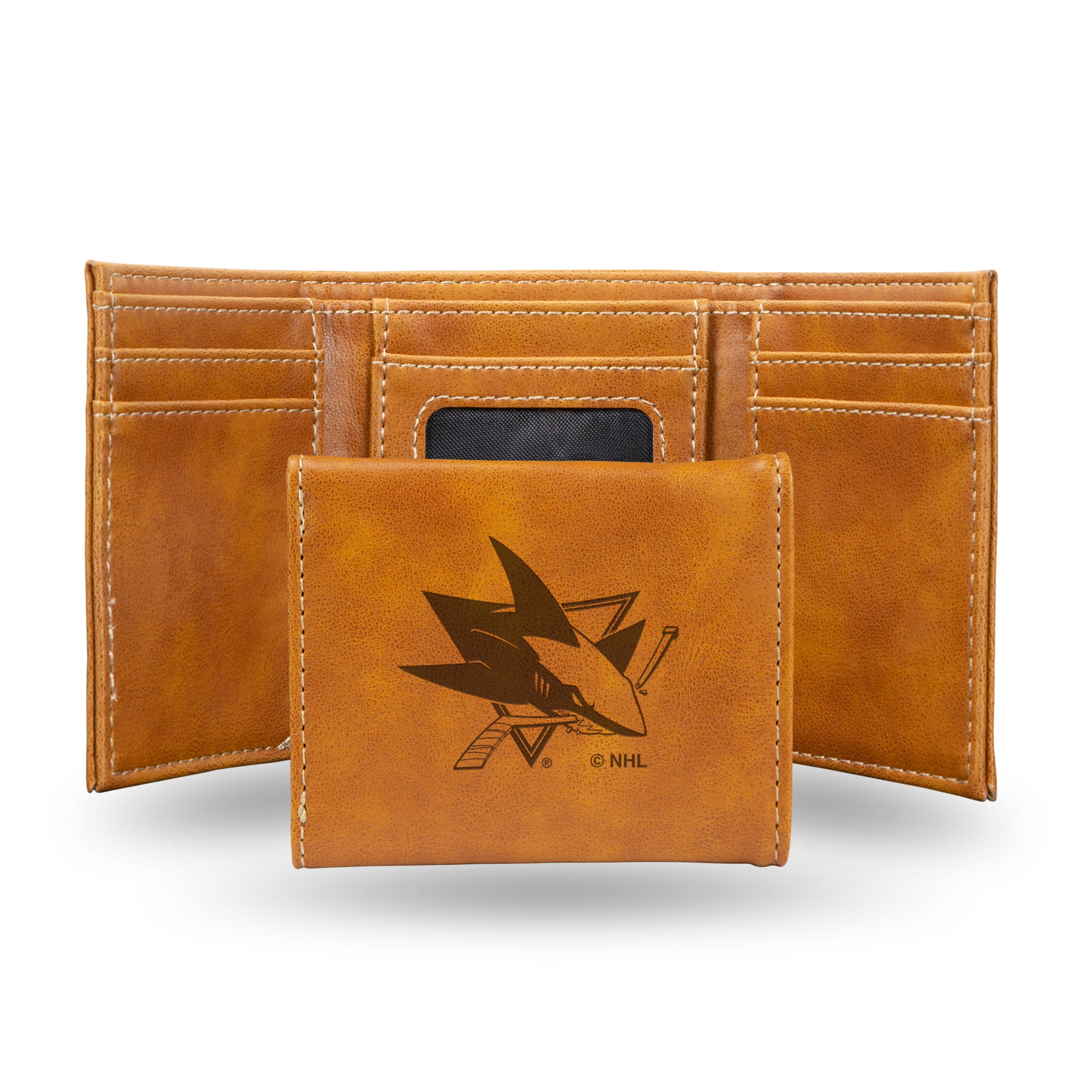 NHL Hockey San Jose Sharks Brown Laser Engraved Tri-Fold Wallet - Men's Accessory