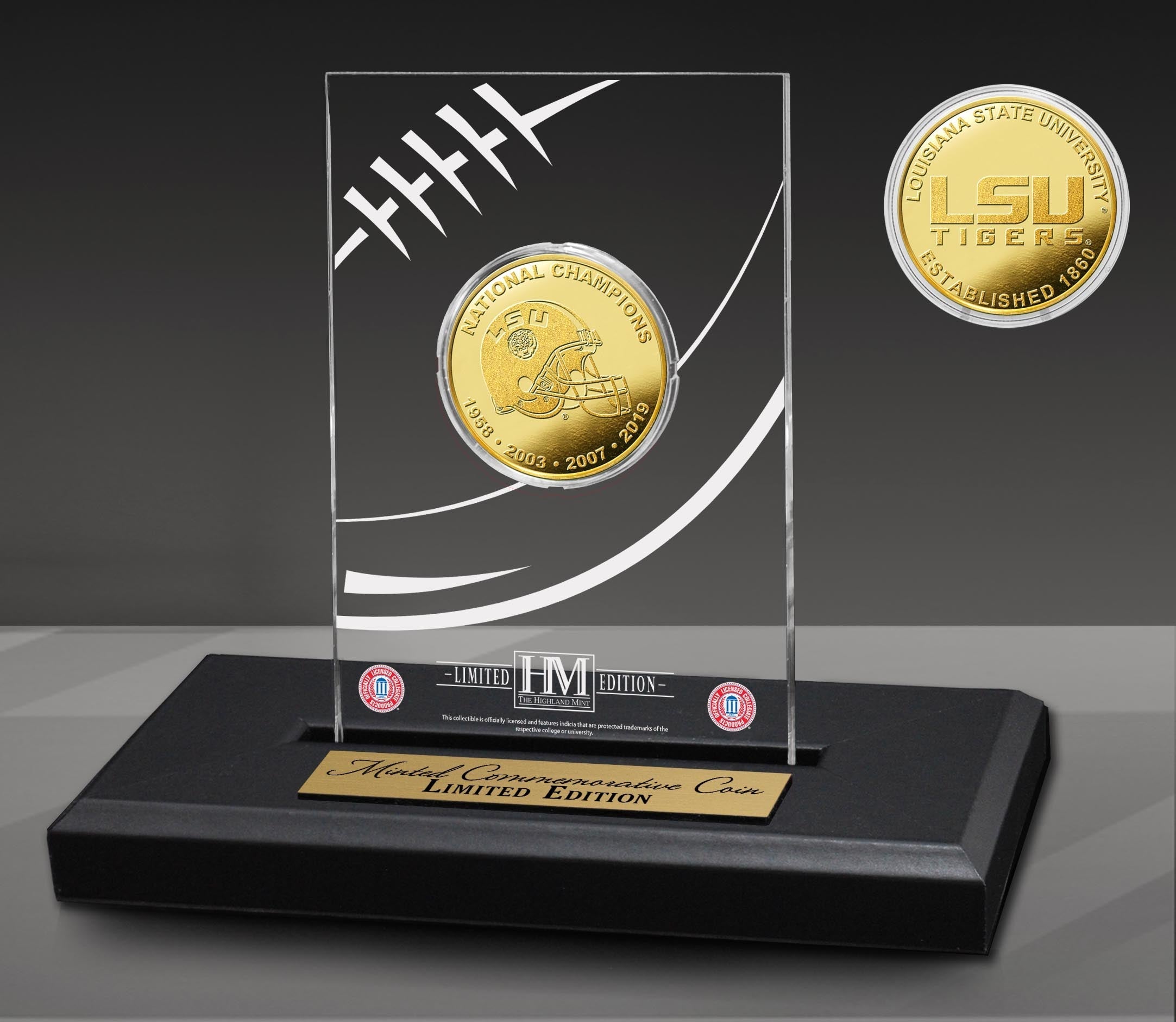 Louisiana State University Tigers 4-Time National Champions Gold Coin in Acrylic Display - Sports Collectibles, Sports Memorabilia, Sports Fan Shop, Sports Gifts