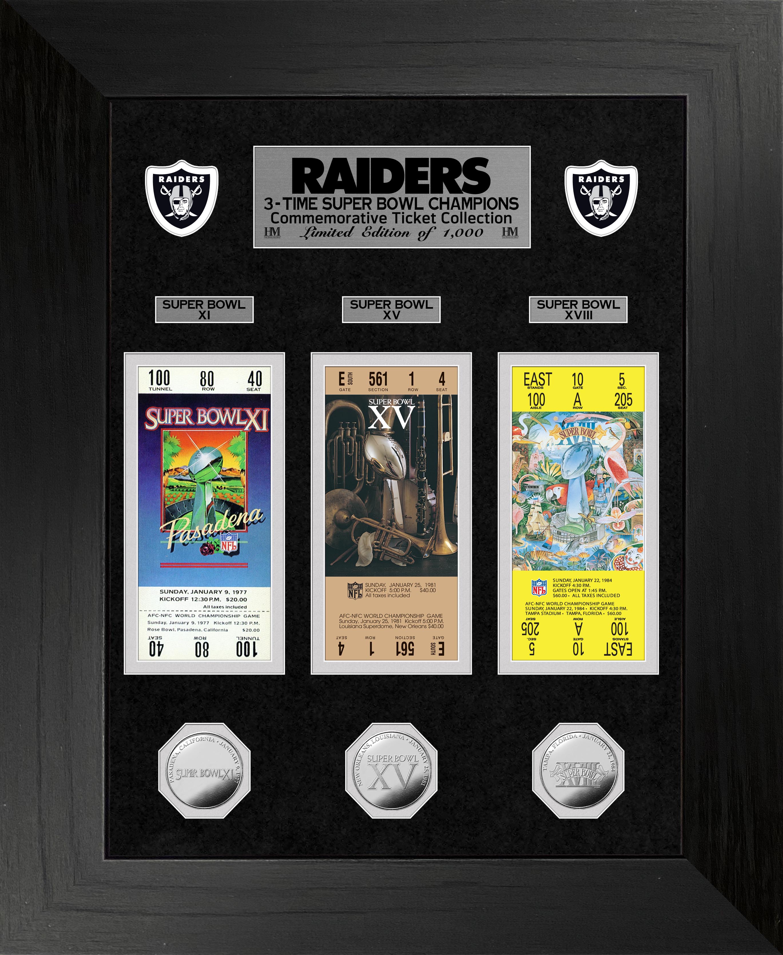 Raiders 3-Time Super Bowl Champions Silver Coin & Ticket Collection - Sports Collectibles, Sports Memorabilia, Sports Fan Shop, Sports Gifts