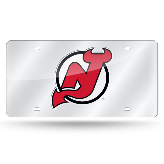 NHL Hockey New Jersey Devils Silver 12" x 6" Silver Laser Cut Tag For Car/Truck/SUV - Automobile Décor