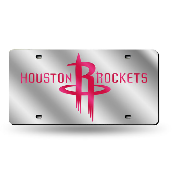 NBA Basketball Houston Rockets Silver 12" x 6" Silver Laser Cut Tag For Car/Truck/SUV - Automobile Décor