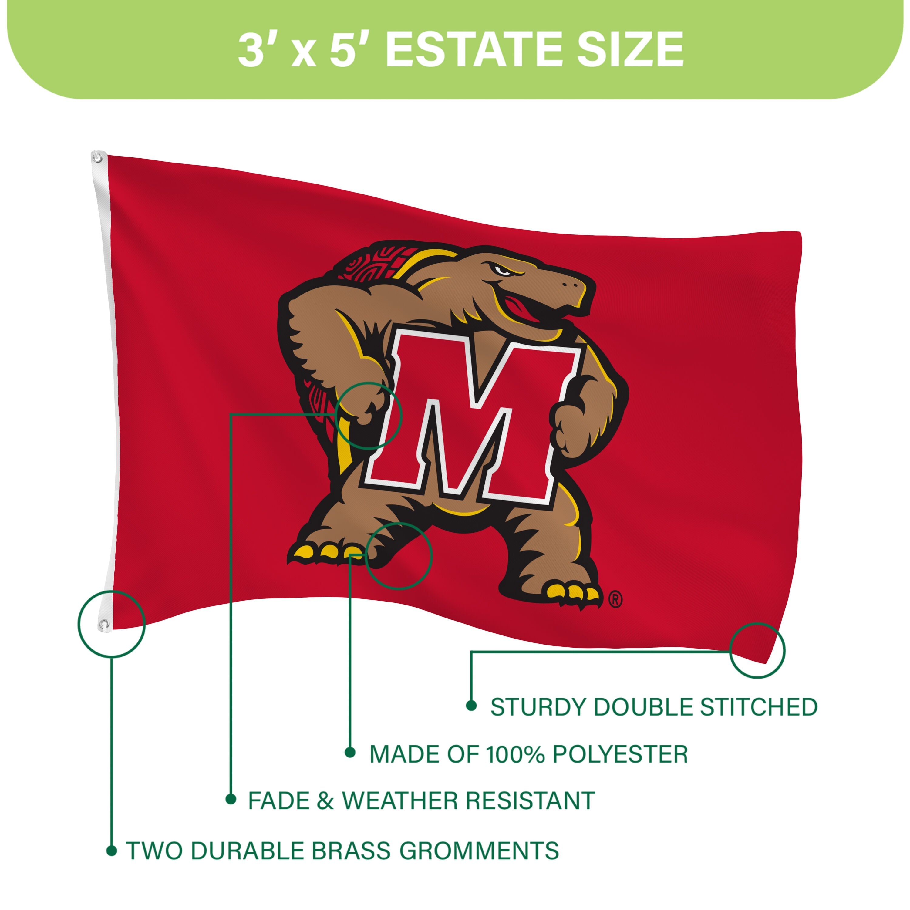 University of Maryland Single Sided Flag w/ 2 Grommets, 3'x5'