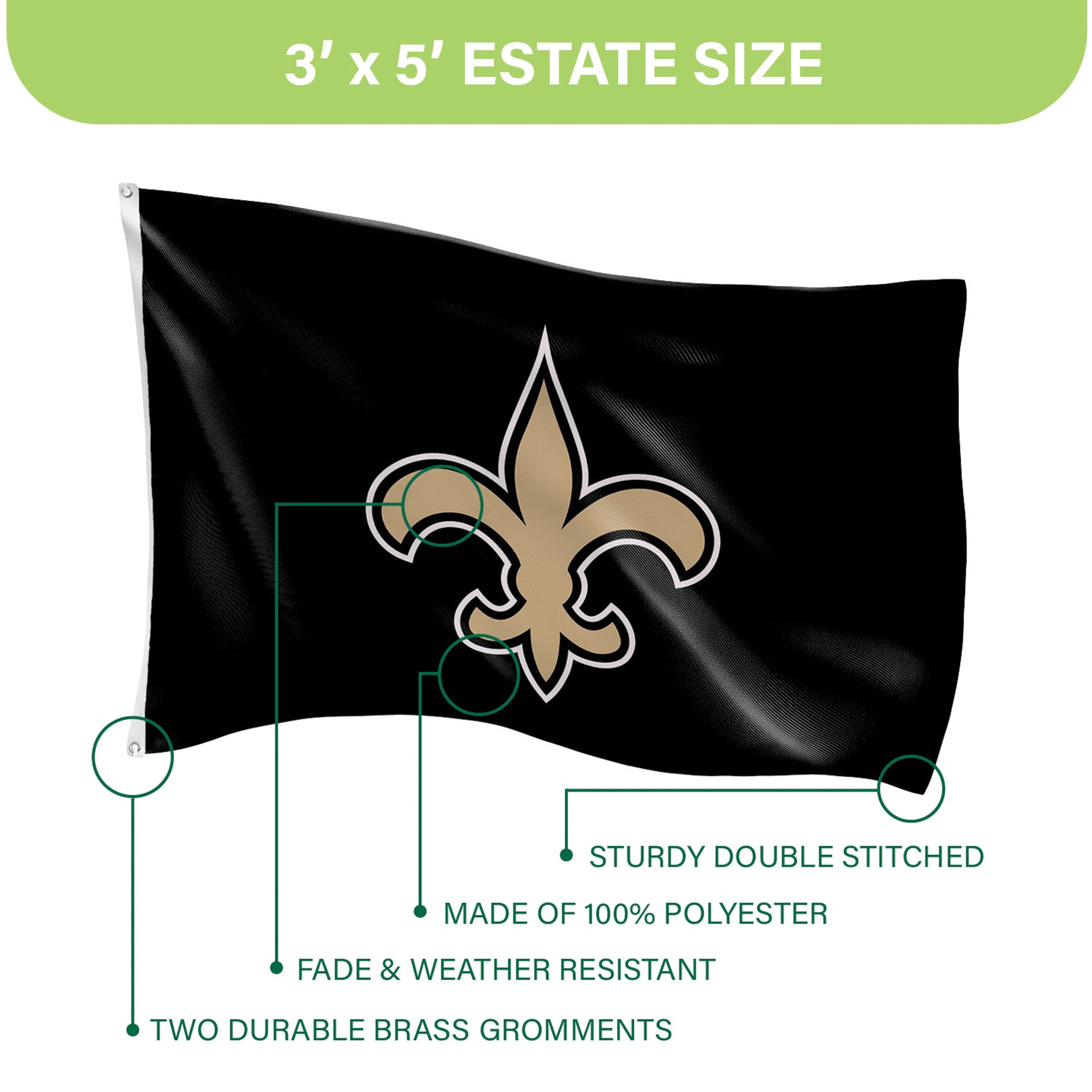 New Orleans Saints Single Sided Estate Flag with 2 Grommets, 3'x5'