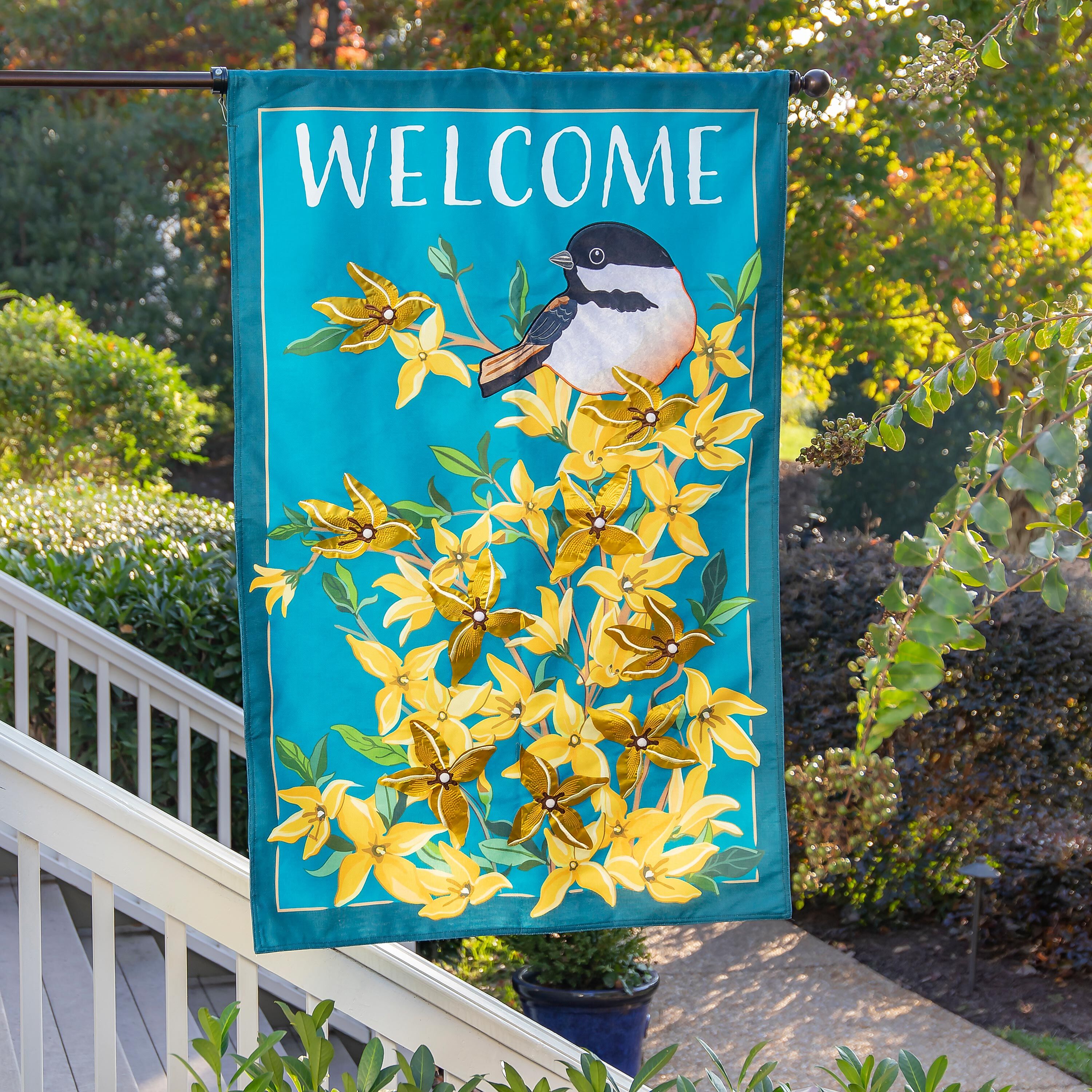 Forsythia and Chickadee Estate Size Embellished Burlap Flag - Sports Gifts, Sports Memorabilia, Sports Collectibles, Fan Shop