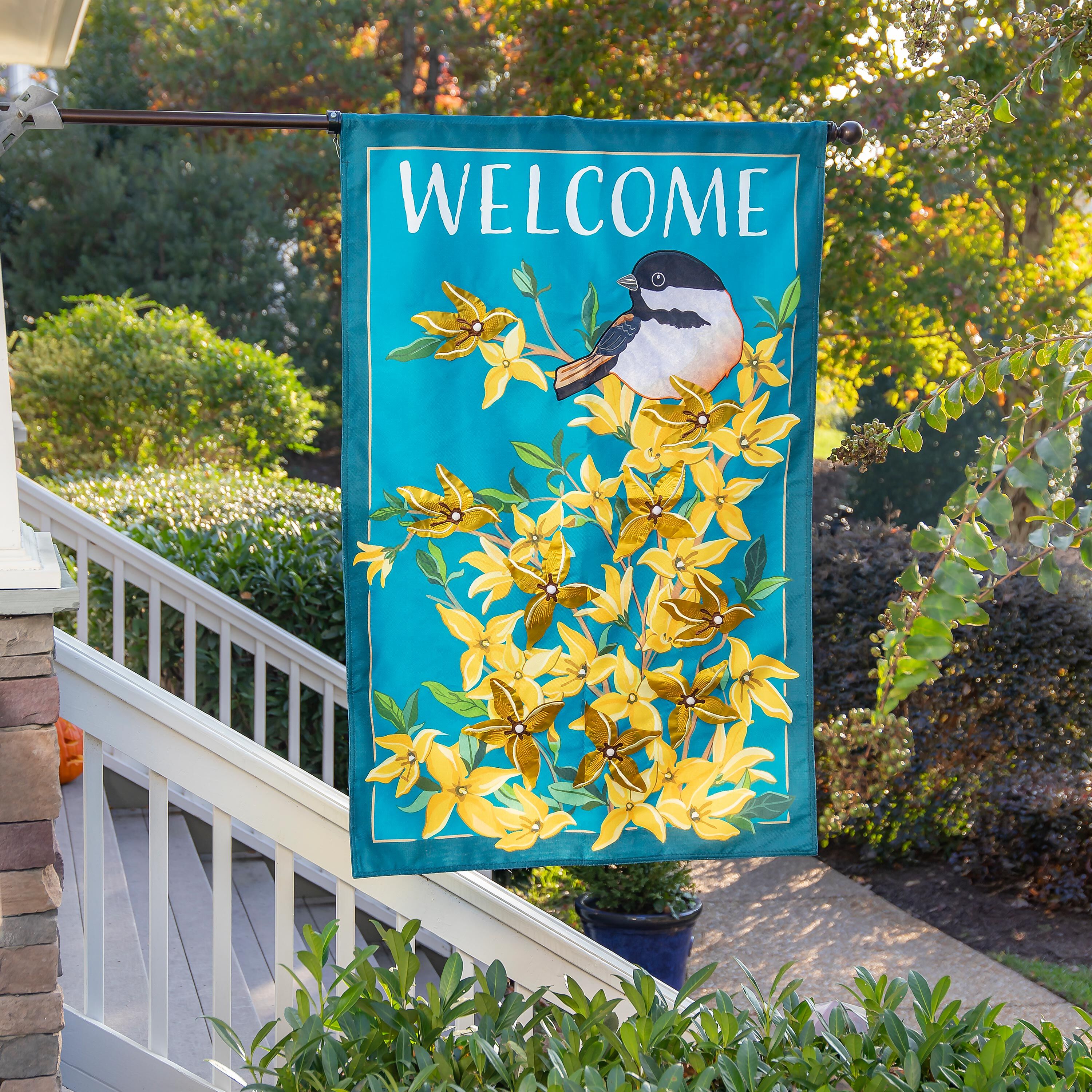 Forsythia and Chickadee Estate Size Embellished Burlap Flag - Sports Gifts, Sports Memorabilia, Sports Collectibles, Fan Shop