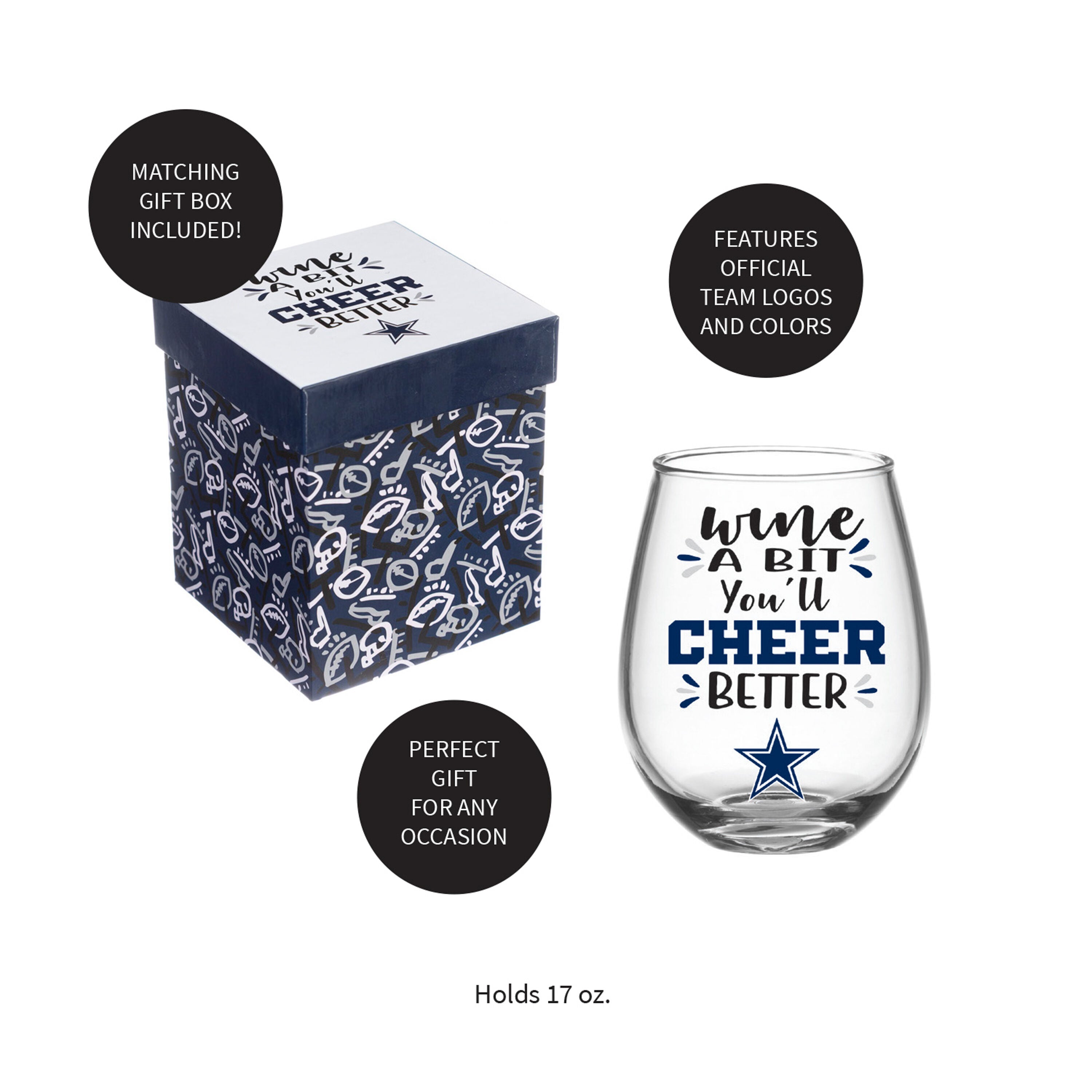 Dallas Cowboys, 17oz Boxed Stemless Wine - Sports Gifts, Sports Memorabilia, Sports Collectibles, Fan Shop