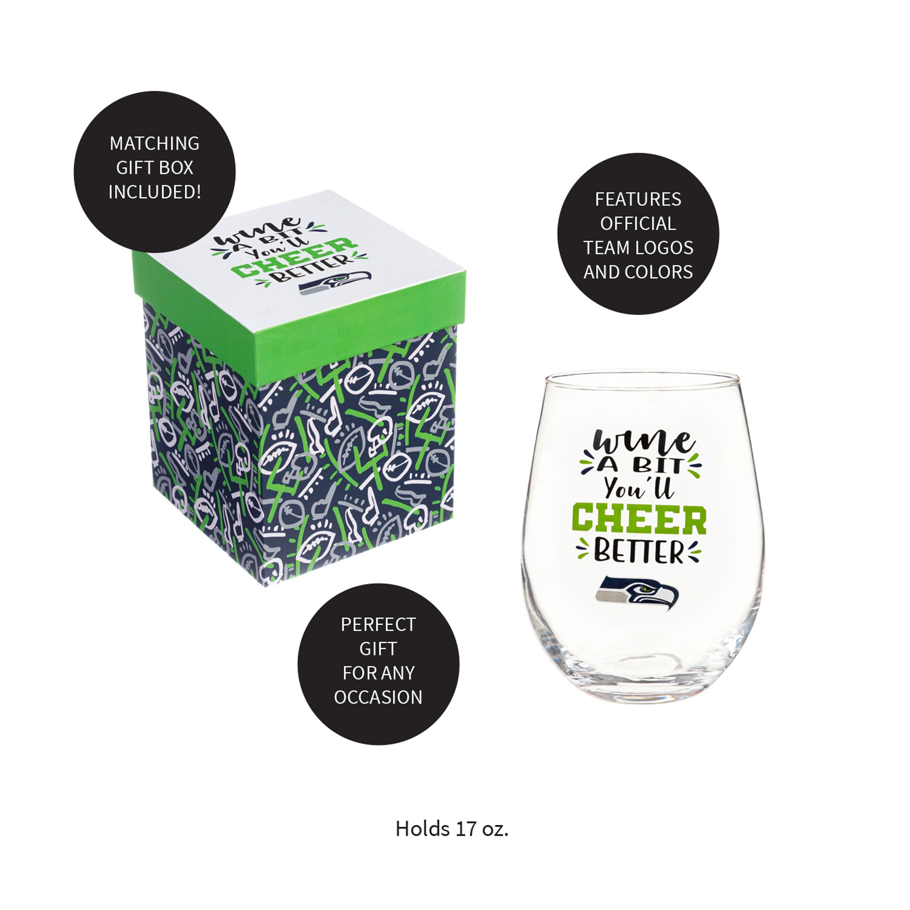Seattle Seahawks, 17oz Boxed Stemless Wine - Sports Gifts, Sports Memorabilia, Sports Collectibles, Fan Shop