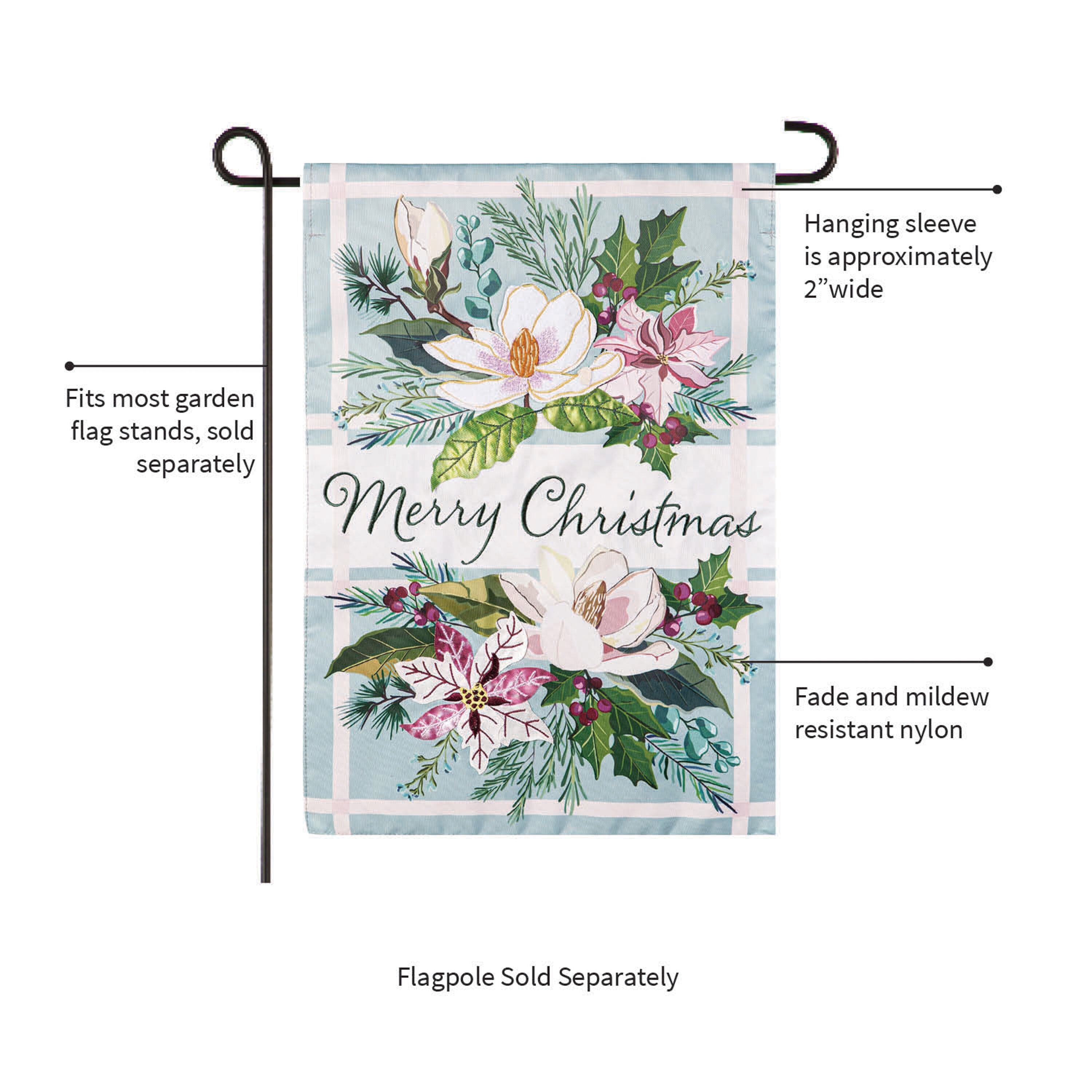 Merry Christmas Floral Applique Garden Flag