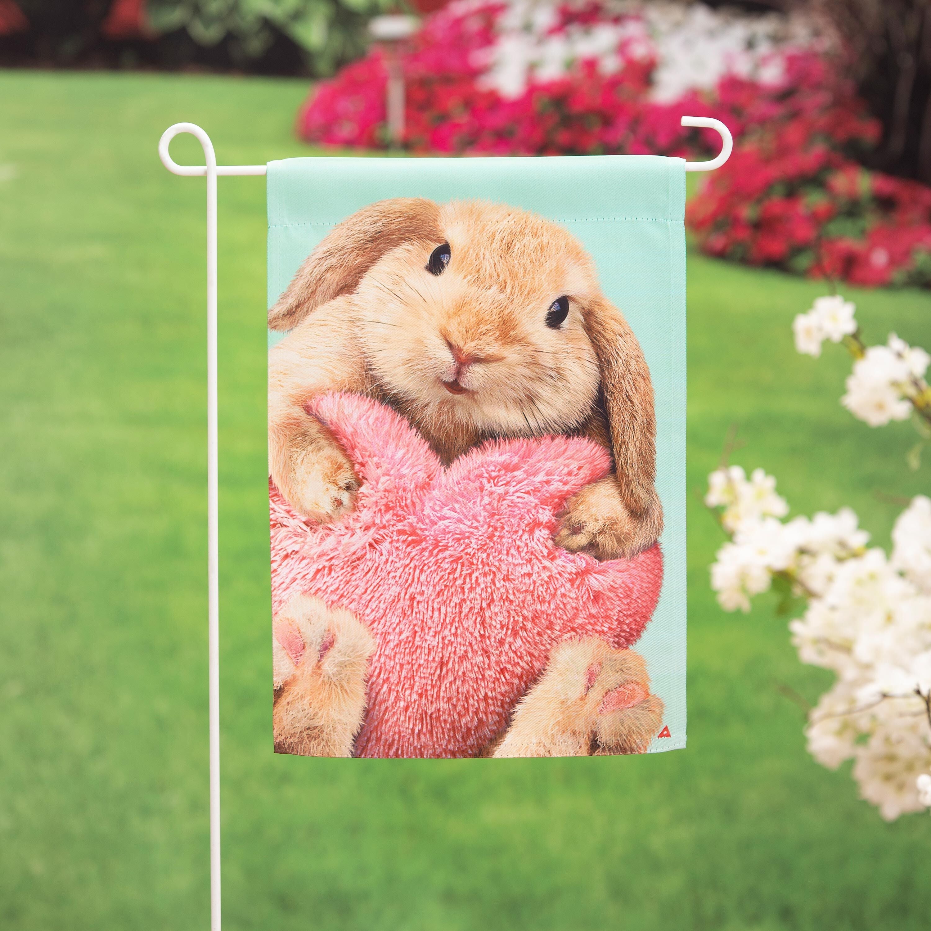 Bunny with Heart Pillow Suede Garden Flag - Sports Gifts, Sports Memorabilia, Sports Collectibles, Fan Shop