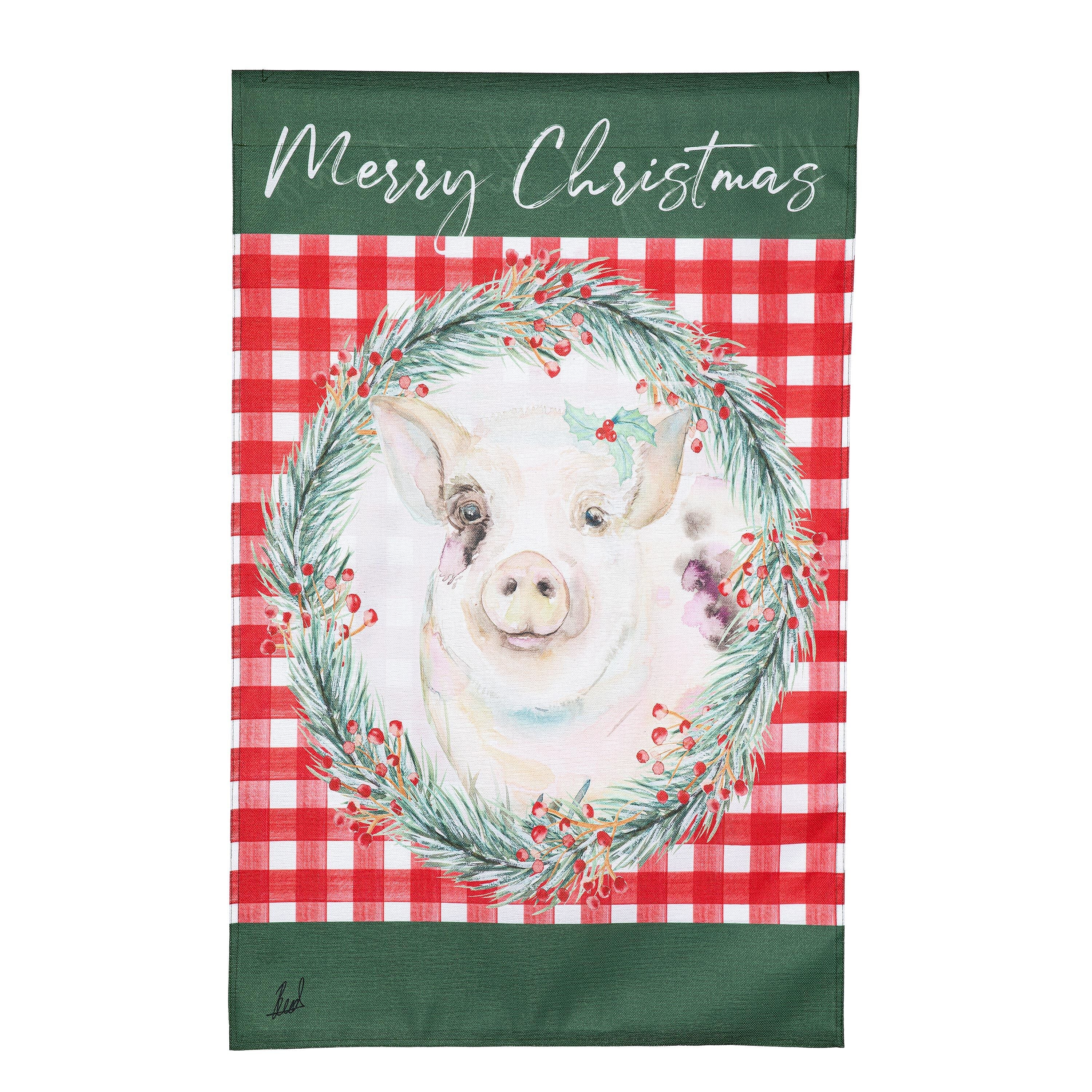 Merry Christmas Pig Burlap House Flag