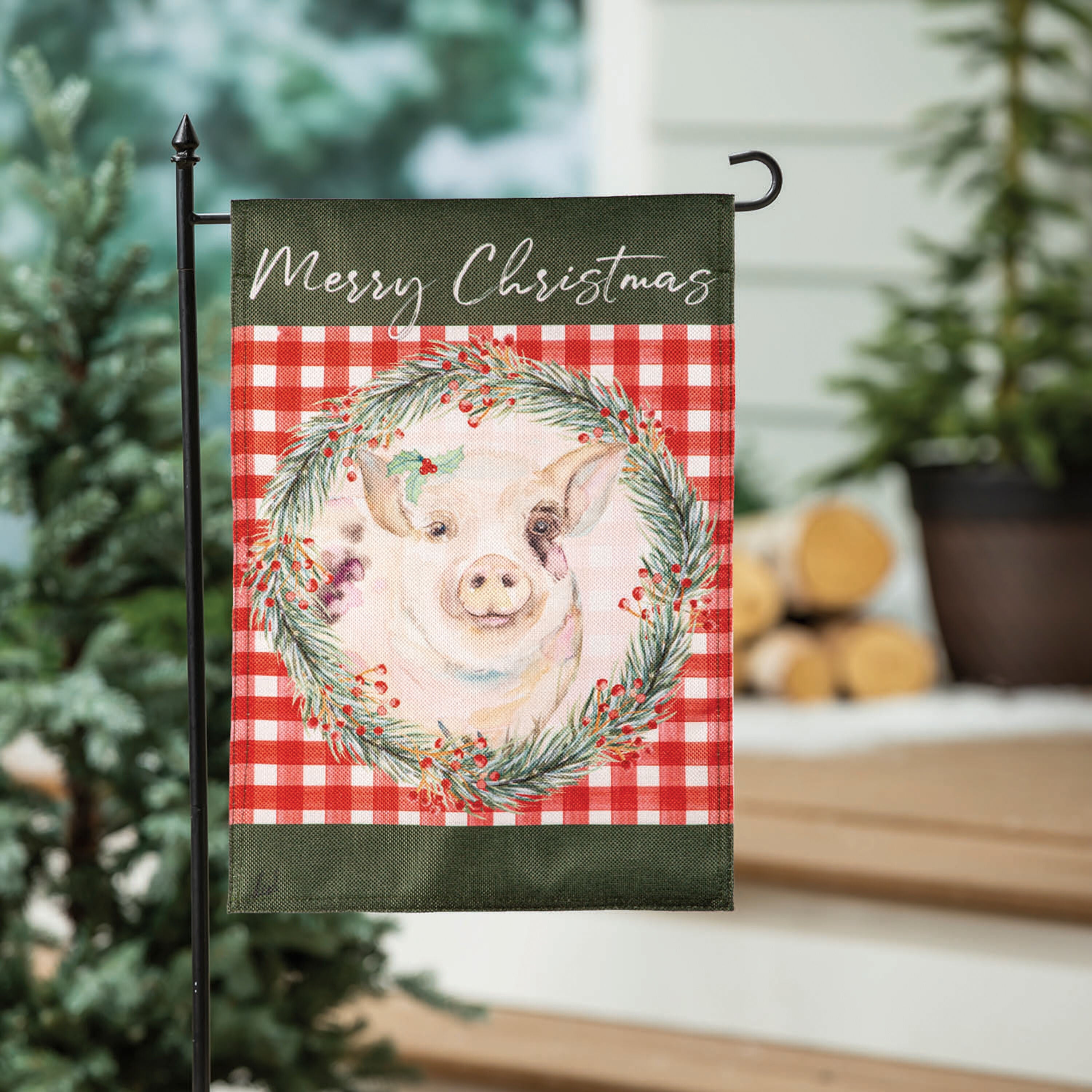 Merry Christmas Pig Burlap Garden Flag - Sports Gifts, Sports Memorabilia, Sports Collectibles, Fan Shop
