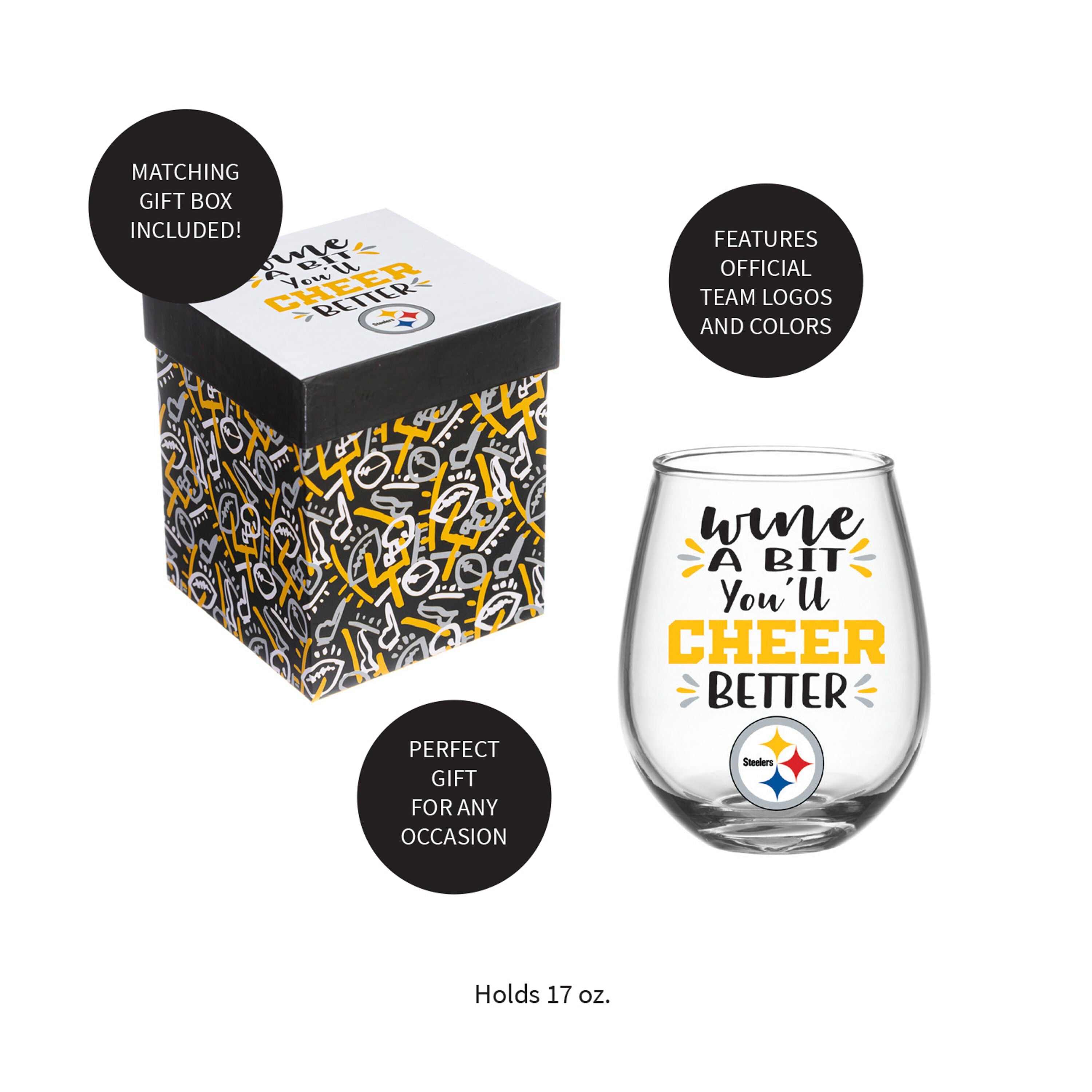 Pittsburgh Steelers, 17oz Boxed Stemless Wine - Sports Gifts, Sports Memorabilia, Sports Collectibles, Fan Shop