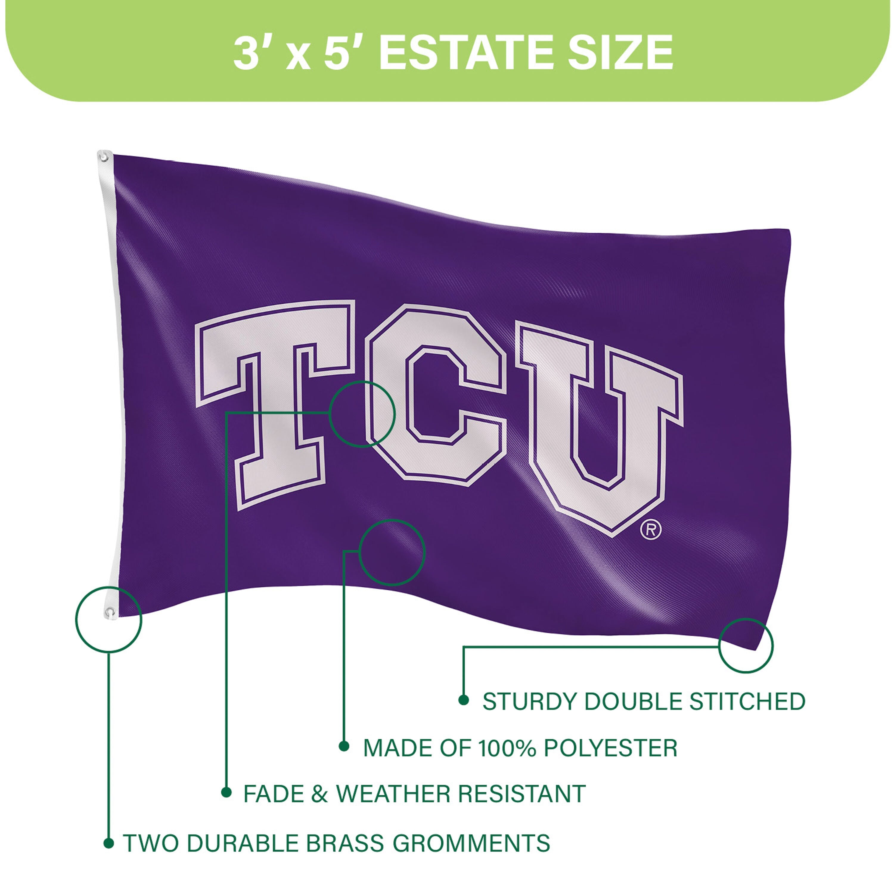 3'x5' Single Sided Flag w/ 2 Grommets, Texas Christian University